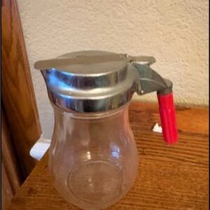 Vintage Glass Syrup Creamer Pitcher with Red Bakelite Handle 4 inch tall